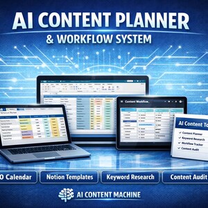 May include: A digital graphic advertising an AI content planner and workflow system. The image shows a laptop, tablet, and desktop computer displaying spreadsheets and content management interfaces. Additional text includes "SEO Calendar," "Notion Templates," and "Keyword Research."