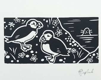 Puffin linocut print - mini print - sea bird - linoblock bird art
