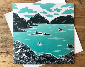 Coastal Art Card  -  sea life - from original linocut print - recycled artist card -- blank card - linoblock