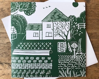Country garden art card - from original linocut print - 100% recycled  card - blank card - linoblock - cottage - veg patch - allotment