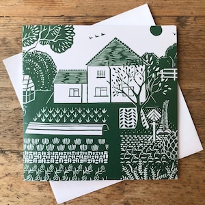 Carte d'art de jardin de campagne - de l'impression originale de linogravure - carte 100% recyclée - carte vierge - linoblock - cottage - patch de légumes - attribution