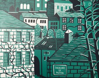 Hebden Bridge linocut print , town view , hand printed original print