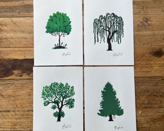 Mini tree prints - oak tree- spruce - hawthorn - weeping willow print - linocut tree prints - set of prints