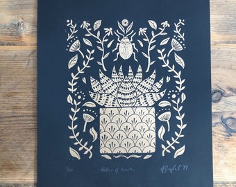 Succulent linocut print, plants and beetle nature print, gold and black print