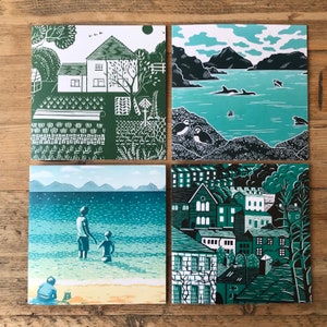 Set of 4 Art Cards - from original linocut prints - recycled artist cards - blank cards - linoblock