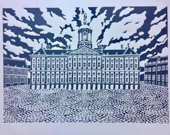 Amsterdam print , linocut of Royal Palace , original art