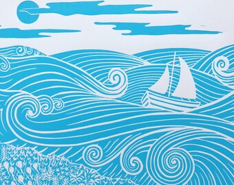 Sailing print in blue , nautical art , original linocut print