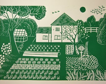 Country garden linocut in spring, original hand printed in green, perfect art gift wall art , english country garden allotment