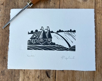 Kent oasthouse linocut print- mini print - landscape print - linoblock