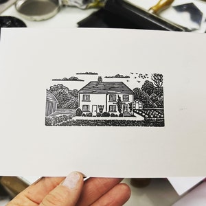 Cottage farmhouse linocut mini print   - landscape print - linoblock