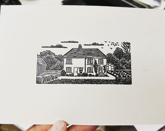 Cottage farmhouse linocut mini print   - landscape print - linoblock