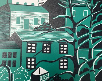 Lino Print of the ticket office at Hebden Bridge Picture House in Yorkshire on Japanese HoSho Paper