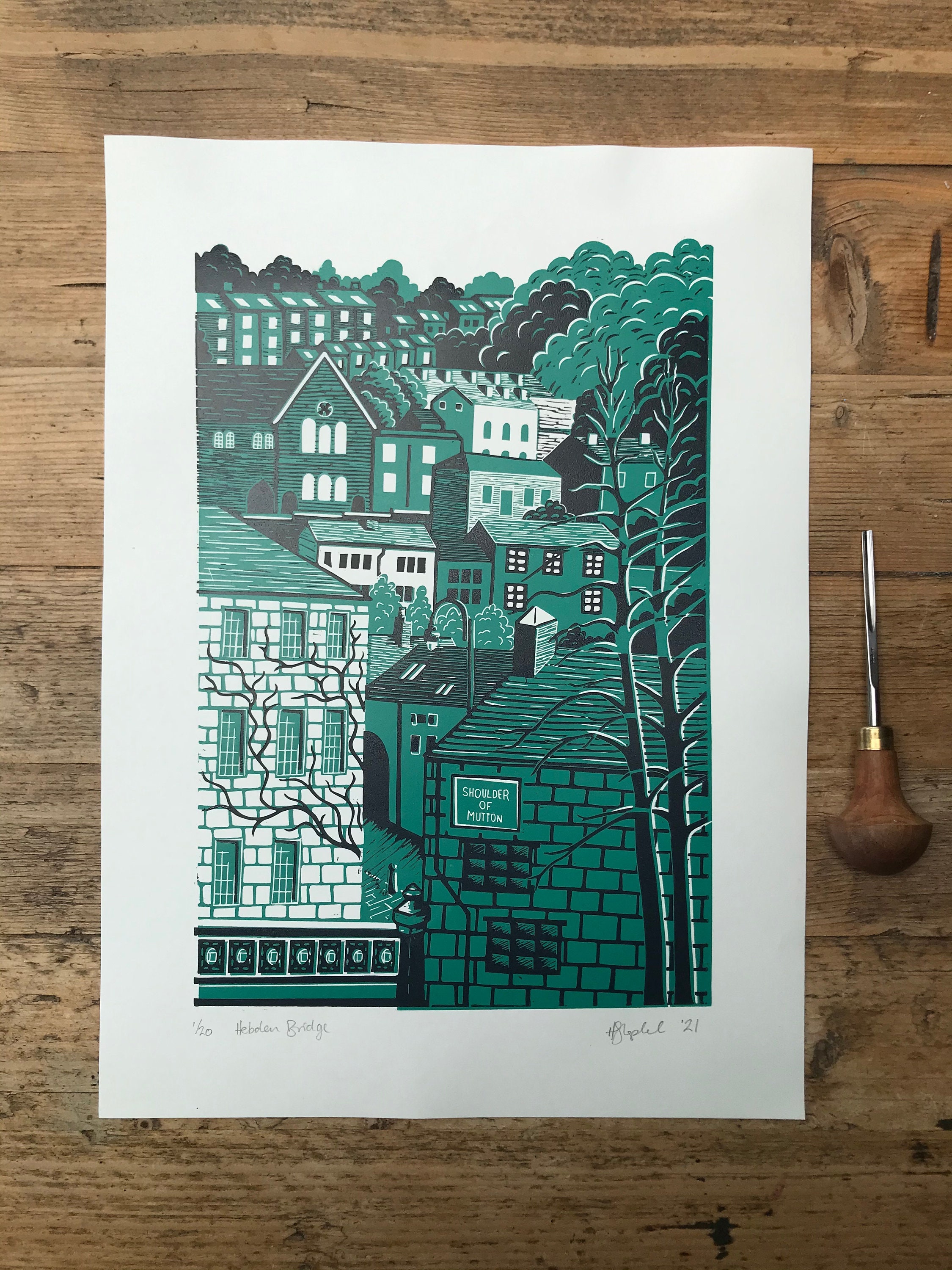 Lino Print of the ticket office at Hebden Bridge Picture House in Yorkshire on Japanese HoSho Paper