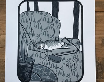 Linocut cat print , sleepy cat grey and black floral pattern print