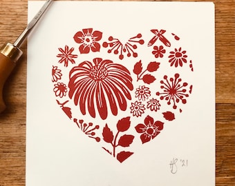 Heart linocut Valentines print - red or gold floral heart perfect for valentines or Mother’s Day