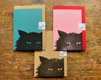 Black cat linocut greetings card - handmade card - cat card - sarcastic cat - teal pink kraft card - recycled card