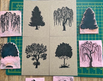 Mini tree linocut print cards - oak tree- spruce - hawthorn - weeping willow print - set of printed recycled cards - notecards