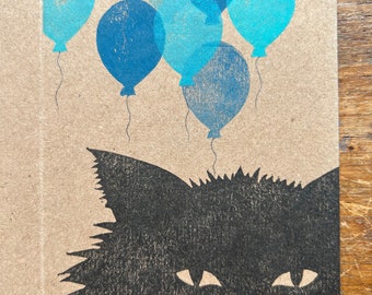 Black cat linocut greetings card - handmade card - cat card - sarcastic cat - balloons