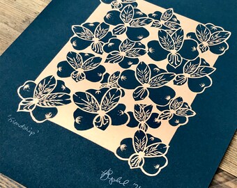 Bronze gold floral linocut print - alstromeria friendship flower print