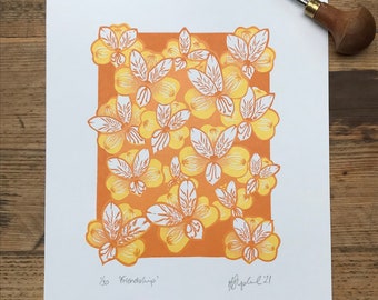 Yellow and orange floral linocut print - alstromeria friendship flower print