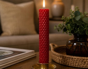 100% Natural Beeswax Red Hand Rolled 8" Honeycomb Taper Candle Non-toxic Soy Free Paraffin Free Dripless Unscented