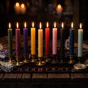 May include: Ten tall, cylindrical beeswax candles with a textured honeycomb pattern, each in a different color including green, red, purple, yellow, orange, pink, black, blue, and light green, standing in individual brass candle holders.