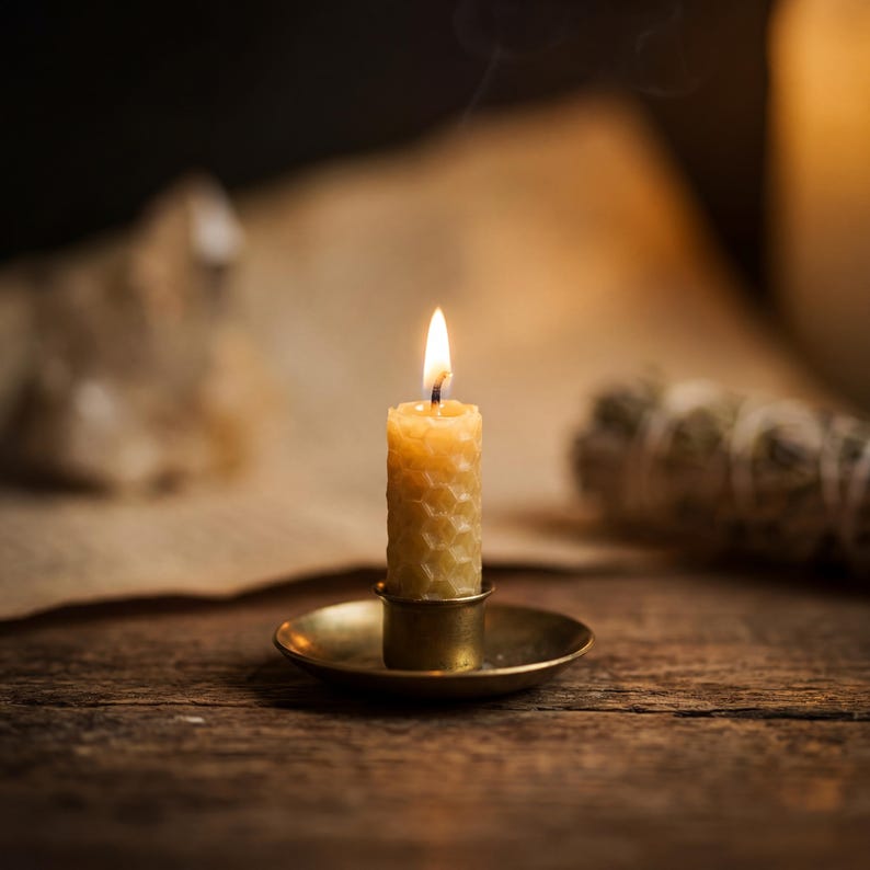 May include: A small, cylindrical beeswax candle with a textured honeycomb pattern, featuring a lit wick with a visible flame. The candle is held in a simple, circular brass-colored metal holder, creating a warm glow from the light.