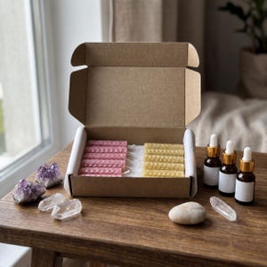 May include: A cardboard box containing rows of pink and yellow honeycomb-textured beeswax candles, accompanied by three amber glass dropper bottles with gold caps, two amethyst clusters, and two clear quartz crystals.