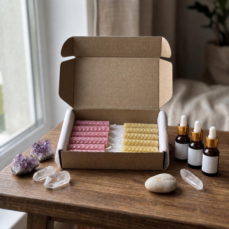 May include: A cardboard box containing rows of pink and yellow honeycomb-textured beeswax candles, accompanied by three amber glass dropper bottles with gold caps, two amethyst clusters, and two clear quartz crystals.