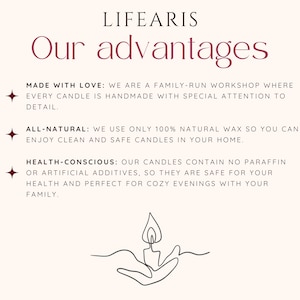May include: A white informational graphic titled LIFEARIS Our advantages. It lists three points: MADE WITH LOVE about a family-run workshop, ALL-NATURAL regarding 100% natural wax, and HEALTH-CONSCIOUS noting no paraffin or artificial additives.