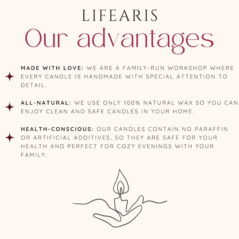 May include: A white informational graphic titled LIFEARIS Our advantages. It lists three points: MADE WITH LOVE about a family-run workshop, ALL-NATURAL regarding 100% natural wax, and HEALTH-CONSCIOUS noting no paraffin or artificial additives.