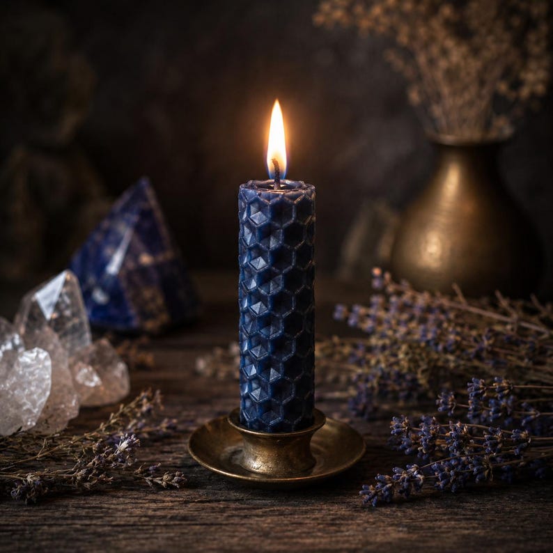 May include: A dark blue cylindrical candle with a raised hexagonal honeycomb texture, featuring a lit wick with a bright flame. The candle is set in a small, circular, metallic brass-toned holder, creating a warm glow from the flame.