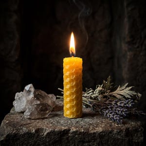 May include: A yellow beeswax candle with a textured honeycomb pattern is lit, emitting a thin trail of smoke. Beside the candle are clear quartz crystal clusters and a bundle of dried lavender sprigs on a rough, dark stone surface.