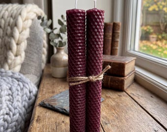 100% Natural Beeswax Burgungy Hand Rolled 8" Honeycomb Taper Candle Set of Two Non-toxic Soy Free Paraffin Free Dripless Unscented