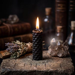 May include: A black cylindrical beeswax candle with a textured honeycomb pattern and a lit flame, positioned on a stone block carved with runic symbols, accompanied by a bundle of dried lavender and a cluster of clear quartz crystals.
