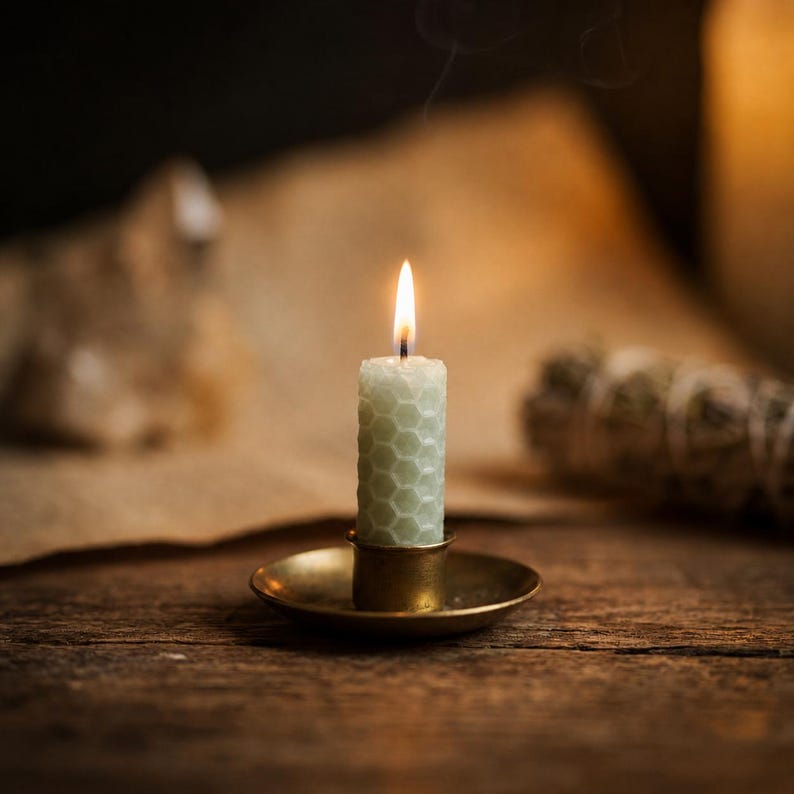 May include: A light green, cylindrical beeswax candle with a textured honeycomb pattern, featuring a single lit flame. The candle is held upright in a small, circular, metallic brass-toned candle holder with a shallow, wide base.