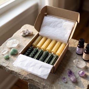 May include: A cardboard box containing green and yellow beeswax candles with a honeycomb pattern. The candles are displayed on a stone surface, alongside essential oil bottles and crystals, creating a wellness aesthetic.
