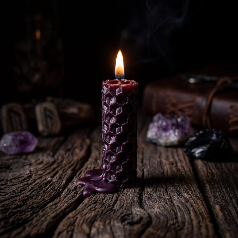 May include: A dark purple pillar candle with a textured honeycomb pattern. The candle is lit, with a bright flame at the top and a small amount of melted wax pooling at the base. The wax has a deep, rich color and a distinct hexagonal surface design.