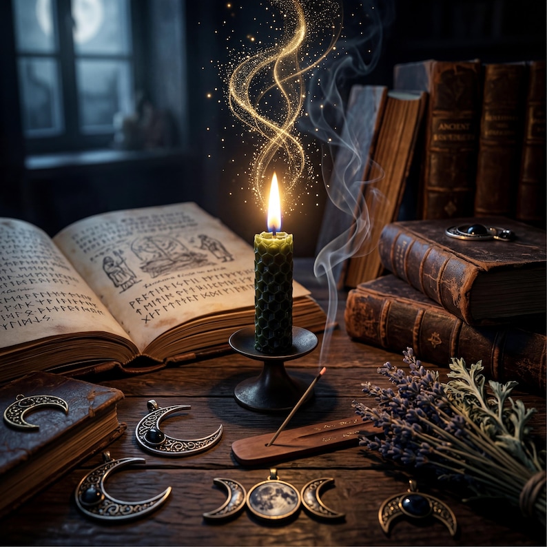 May include: A green honeycomb-textured pillar candle sits in a dark metal holder, surrounded by an open book with runic text, several silver crescent moon pendants with dark stones, a wooden incense burner, and a bundle of dried lavender.