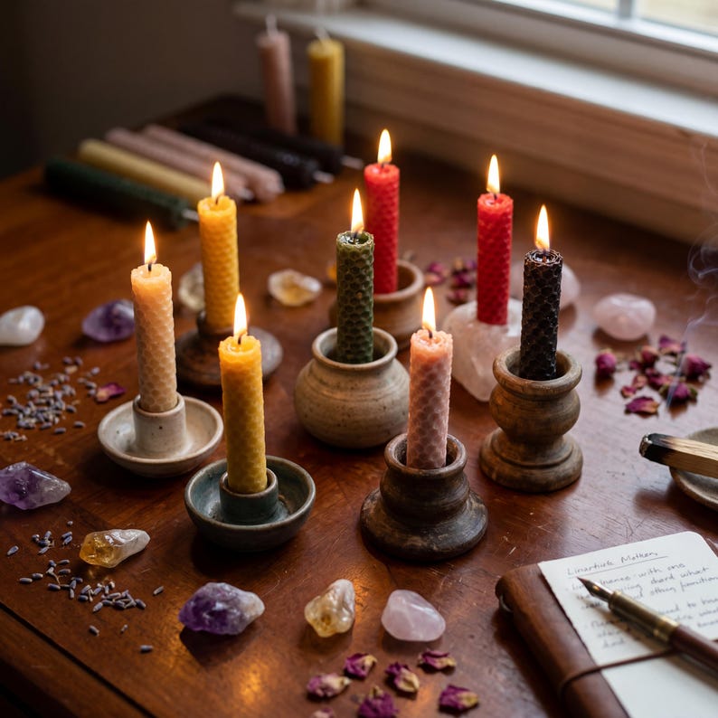 May include: A collection of lit honeycomb-textured beeswax taper candles in various colors, including yellow, red, green, pink, and black, each standing in individual ceramic or wooden candle holders, surrounded by scattered crystals and dried flower petals.