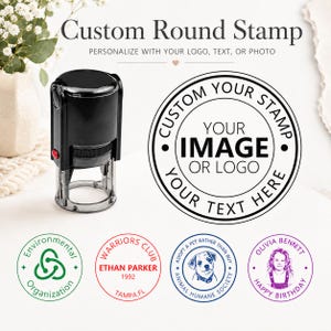May include: A black self-inking round stamp with a clear base. The text reads Custom Round Stamp, Personalise with your logo, text, or photo. A circular graphic shows Custom Your Stamp, Your Image or Logo, Your Text Here. Four sample circular imprints are shown.