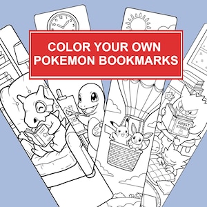 May include: A set of black and white Pokemon bookmarks, designed for colouring. Each bookmark showcases a different Pokemon character, including Pikachu and Charmander, with the text "COLOR YOUR OWN POKEMON BOOKMARKS" on a red rectangle.