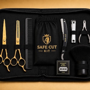 May include: A black grooming kit with gold scissors, a comb, and a straight razor. The kit includes nail clippers, a shaving brush, and a pouch with "SAFE CUT KIT" printed on it. The case is zipped closed.