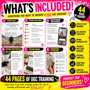 May include: A colourful infographic, "What's Included!", advertises a 44-page ebook on becoming a paid UGC creator. It covers topics such as choosing a niche, building a portfolio, and negotiating pay. The design uses pink, yellow, and black.