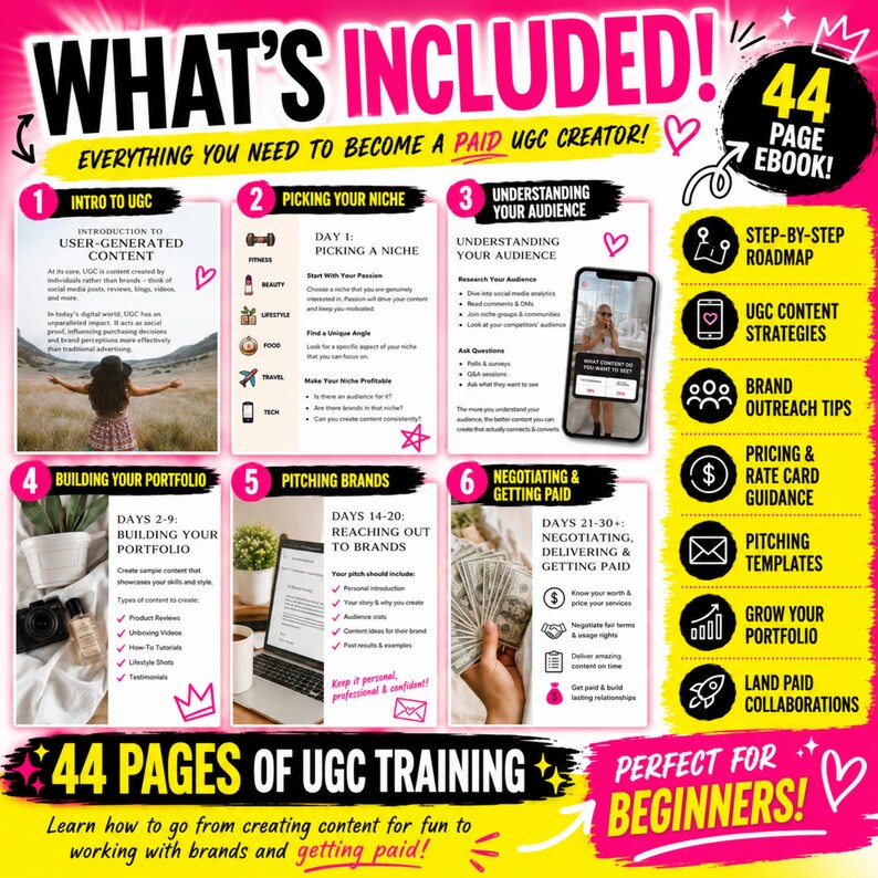 May include: A colourful infographic, "What's Included!", advertises a 44-page ebook on becoming a paid UGC creator. It covers topics such as choosing a niche, building a portfolio, and negotiating pay. The design uses pink, yellow, and black.