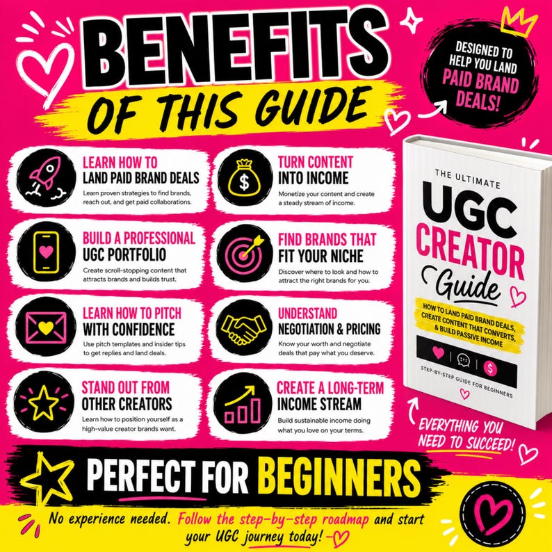 May include: A guide titled "The Ultimate UGC Creator Guide" with pink and yellow accents. The cover text details how to land paid brand deals, create content, and build passive income. The image also includes text about the benefits of the guide.