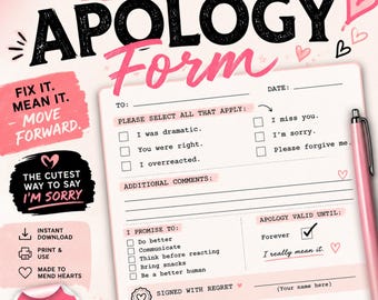 Grappige verontschuldigingskaart afdrukbaar | Digitale sorry-kaart | Officieel verontschuldigingsformulier | Leuke relatiekaart | Direct downloaden