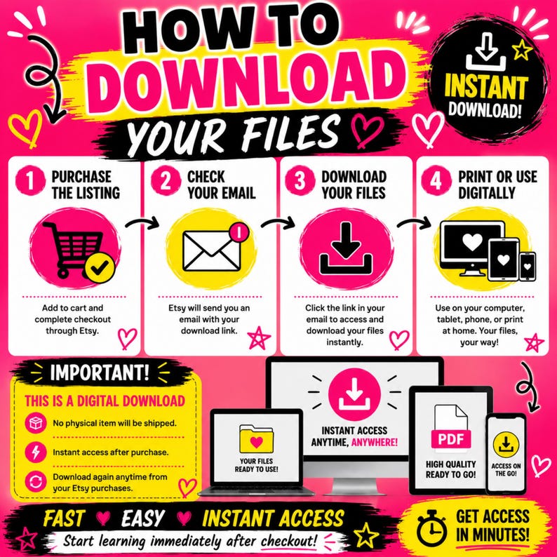 May include: A vibrant pink and yellow infographic explaining how to download files. It outlines the process: purchase the listing, check your email, download files, and print or use digitally. The graphic highlights instant access and digital downloads.