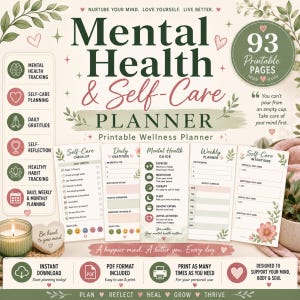 Pode incluir: Um planejador digital de saúde mental e autocuidado com 93 páginas imprimíveis. O design em tons de creme, verde sálvia e rosa antigo apresenta detalhes florais. Inclui seções para gratidão diária, listas de verificação, planejamento semanal e guias de saúde mental com textos e ícones.