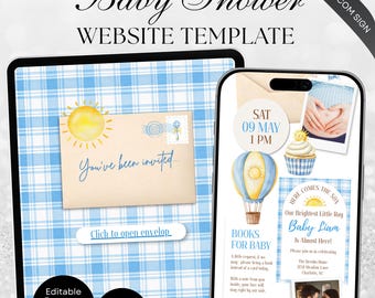 Plantilla de invitación para sitio web de baby shower "Here Comes The Son", editable en Canva (versión digital para móviles).